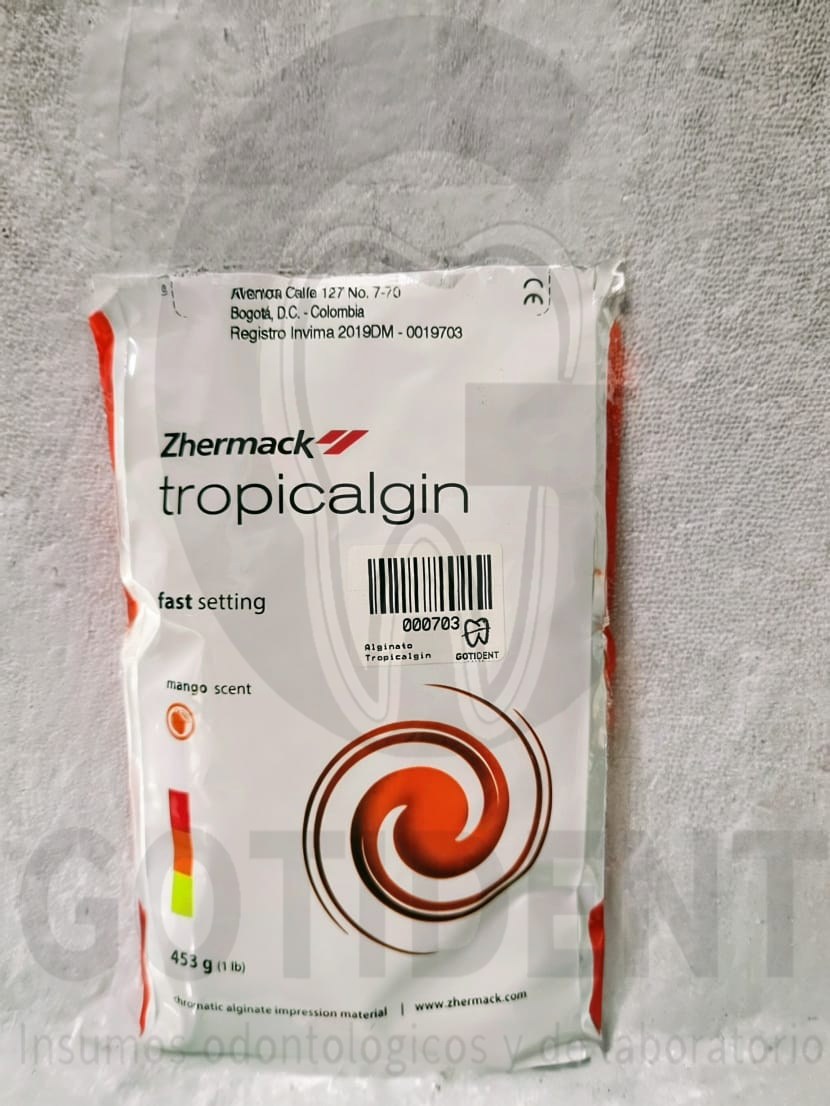 Alginato Tropicalgin Cúcuta Zhermack, material de impresión dental cromático con aroma tropical.