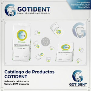 Empaque del alginato dental cromático DTM USA en su presentación de 500 gramos, destacando su fórmula libre de polvo y sabor a menta.